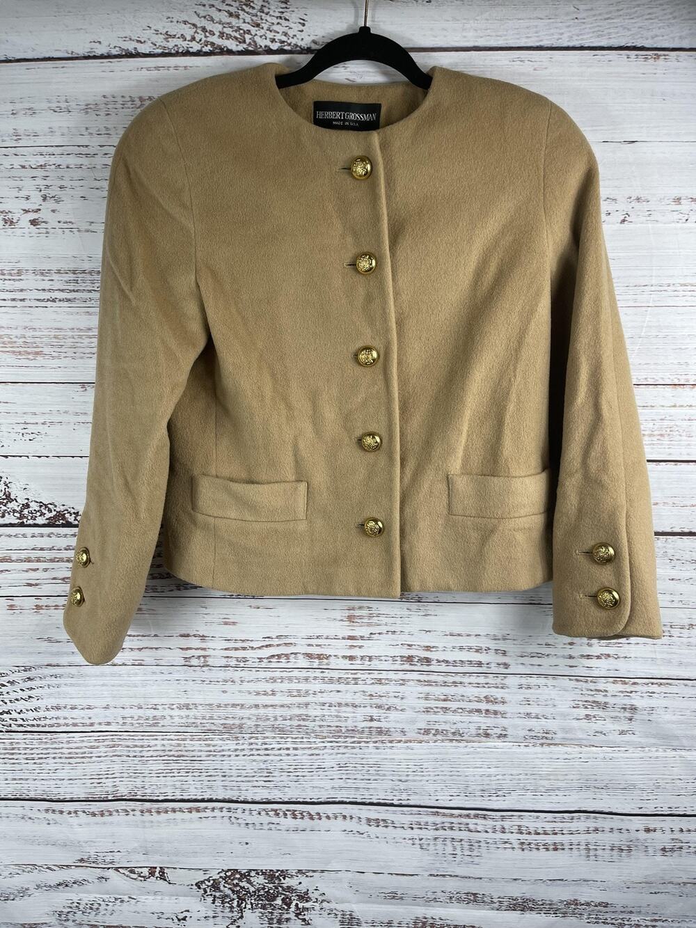 Herbert Grossman Blazer Women's SZ M Wool Blend Gold Button Padded Classic USA
